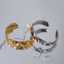 Load image into Gallery viewer, Elevate your style with this minimalist open bracelet, featuring sleek triangular notches for a modern touch. Crafted from premium stainless steel, it’s waterproof, tarnish-free, and perfect for everyday wear. Designed for both men and women, this low-key luxury piece makes a timeless and thoughtful gift!