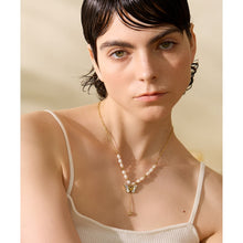 Load image into Gallery viewer, This luxurious necklace is made as a combination of natural freshwater pearls and stainless steel beads. It is additionally adorned with a pendant in the shape of a butterfly, which is also made of stainless steel and natural pearls. There is a short chain under the butterfly with little cubic zirconia. The necklace is very glamorous and it will give a perfect touch to your evening combination. The necklace has lobster clap and adjustable length.