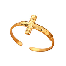 Load image into Gallery viewer, Embrace simplicity and elegance with this stainless steel adjustable ring, available in both silver and gold finishes. Designed with a minimalistic aesthetic, this versatile ring is adorned with a sleek, understated cross, symbolizing faith and grace. Its adjustable design ensures a perfect fit, making it ideal for everyday wear or as a thoughtful gift. Crafted from durable stainless steel, this ring is both stylish and resilient, offering a modern touch to any outfit while retaining its timeless appeal.