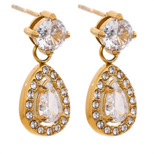 Load image into Gallery viewer, Add a touch of elegance with these shiny cubic zirconia water drop dangle earrings. Crafted from durable stainless steel, these exquisite earrings feature sparkling zirconia stones in a delicate drop design, perfect for any occasion. Lightweight and stylish, they offer a timeless charm that enhances both casual and formal looks. A must-have accessory or a thoughtful gift for someone special!