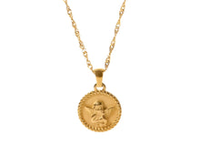 Load image into Gallery viewer, This vintage-inspired necklace from the Angel series features a delicate ring pendant crafted from waterproof, rust-proof stainless steel and plated in luxurious 18K gold. Designed for everyday wear, it combines durability with classic elegance, making it a versatile piece for any occasion. With its timeless charm and stylish simplicity, this necklace effortlessly complements any outfit, offering a touch of sophistication and grace to your daily jewelry collection.