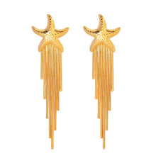 Load image into Gallery viewer, Elevate your style with these stunning stainless steel starfish dangle stud earrings, featuring long, delicate tassel chains and finely detailed starfish charms. Crafted from waterproof stainless steel, they’re perfect for everyday wear, even in humid or wet conditions. Lightweight and comfortable, these earrings add a touch of coastal elegance to any outfit, whether for a beach getaway or a casual day out. Their secure hooks and timeless design make them a versatile accessory for the modern woman.
