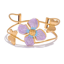 Load image into Gallery viewer, Make a bold statement with our gold-plated stainless steel enamel open bangle, designed for fashionable women who love eye-catching accessories. This stylish bangle features an exaggerated, large design adorned with a delicate butterfly and a vibrant purple flower, adding a whimsical and feminine touch to any outfit. Perfect for making a statement at any occasion, this chic and modern bracelet is a must-have for those who want to stand out with elegance and creativity.