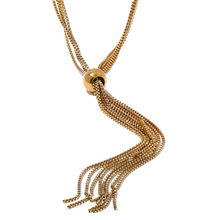 Load image into Gallery viewer, Elevate your style with this popular stainless steel long tassel necklace, featuring an 18K PVD gold plating for a luxurious finish. Its sleek, sweater chain design adds a trendy yet timeless touch to any outfit, making it perfect for layering or wearing alone. Durable and stylish, this personalized fashion piece is ideal for everyday wear or as a thoughtful gift for someone special.
