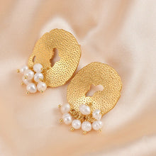 Load image into Gallery viewer, Add a touch of romance to your look with these exquisite French-inspired earrings. Featuring irregular hammered stainless steel circles with elegant hanging pearls, they blend vintage charm with modern sophistication. Perfect for weddings, anniversaries, or special occasions, these earrings make a timeless statement and a thoughtful gift for someone special.