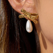 Load image into Gallery viewer, KIN - Pearl Bowknot Drop Stainless Steel Earrings