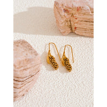 Load image into Gallery viewer, Make a bold personal statement with these stunning stainless steel ear of wheat earrings. Plated in 18K gold, their intricate design symbolizes growth and prosperity, offering a unique touch to any outfit. Water-resistant and crafted for durability, these earrings are perfect for everyday wear or special occasions. A stylish and meaningful addition to your jewelry collection or a thoughtful gift for someone special.
