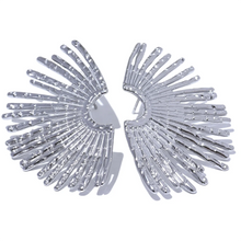 Load image into Gallery viewer, These statement stud earrings feature a striking fan-shaped design crafted from high-quality, waterproof stainless steel with a sleek gold finish. Hypoallergenic and gentle on sensitive skin, these bold earrings combine durability with style, making them perfect for adding a touch of charm to any outfit. Their unique fan-inspired strips create an eye-catching look, ideal for those who love fashion-forward jewelry that doesn’t compromise on comfort. Perfect for gifting or for elevating your own accessory col