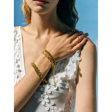 Load image into Gallery viewer, This exquisite stainless steel hollow shell bracelet in radiant 18K gold color is a beautiful blend of elegance and nature-inspired design. Featuring a delicate line of intricately crafted hollow shells, this bracelet is PVD plated for extra durability and a luxurious finish. Its waterproof quality makes it perfect for everyday wear, adding a touch of timeless charm to any outfit.