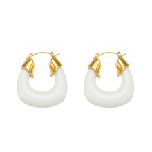 Load image into Gallery viewer, Add a pop of color to your summer look with these bold and stylish chunky resin hoop earrings! Available in vibrant blue or classic white, these lightweight hoops are crafted from durable, waterproof stainless steel for all-day wear. Perfect for vacations, beach days, or everyday outfits, they’re your new go-to statement accessory!