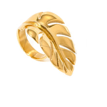 Load image into Gallery viewer, Make a bold statement with this leaf ring, a stylish and creative accessory designed for the modern woman. Made from rust-proof stainless steel, this elegant ring features a delicate leaf motif that exudes natural charm. Available in both silver and gold finishes, it offers versatility to match any outfit. Its sleek, waterproof design ensures long-lasting wear, making it the perfect accessory for any occasion.