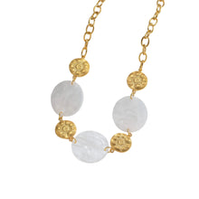 Load image into Gallery viewer, Illuminate your style with this elegant necklace, featuring a radiant sun pendant paired with a shell disc in your choice of white or black. Crafted from 18K gold-plated stainless steel, this waterproof piece offers both durability and sophistication. Perfect for layering or wearing solo, it adds a timeless charm to any outfit, making it a thoughtful gift for any jewelry lover.