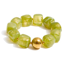 Load image into Gallery viewer, Add a pop of color and personality to your look with this handmade acrylic bead bracelet, featuring a stunning mix of green, beige, pink, and amber tones. Crafted from durable stainless steel and fully waterproof, it’s made to shine with you every day. The bold square beads and modern chain design create a playful yet elegant look that stands out effortlessly. Perfect for stacking, gifting, or wearing solo, this bracelet brings a touch of fun, color, and sophistication to any outfit.