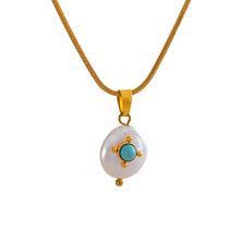 Load image into Gallery viewer, Add a touch of French elegance to your look with this stainless steel natural freshwater pearl necklace, featuring a delicate charm adorned with a turquoise stone at its center. Crafted with premium materials, this stylish piece is both waterproof and hypoallergenic, making it perfect for everyday wear without compromising on luxury. The natural freshwater pearl bring timeless beauty, while the turquoise stone adds a pop of color and a unique flair.