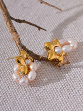 Load image into Gallery viewer, These luxurious drop earrings showcase lustrous natural freshwater pearls paired with delicate stainless steel stars, creating a captivating blend of elegance and whimsy. Crafted with high-quality materials, these earrings offer durability and shine, making them an ideal accessory for fashion-forward individuals who love premium jewelry.