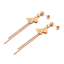 Load image into Gallery viewer, Add graceful elegance to your look with these trendy stainless steel butterfly charm earrings. Featuring delicate long chain tassels, these animal-inspired earrings bring a touch of sparkle and sophistication to any outfit. Perfect for women who love chic, nature-themed jewelry, they’re an ideal accessory for both everyday wear and special occasions.