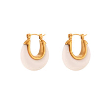 Load image into Gallery viewer, Elevate your everyday style with these chic acrylic white hoop earrings, featuring a delicate gold inner line for a touch of luxe. The small, round design paired with a sturdy stainless steel hoop makes them both stylish and durable. Whether you're dressing up or down, these versatile earrings add a perfect pop of modern elegance to any outfit.