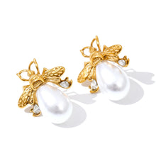 Load image into Gallery viewer, Golden Stainless Steel Bee Stud Earrings with Simulated Pearls & Zircon – Chic Fashion Jewelry for Women