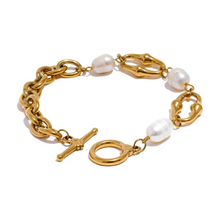Load image into Gallery viewer, This elegant bracelet combines high-grade natural freshwater pearls with a modern, 18K gold plated metal chain for a trendy, stylish look. Featuring two contrasting chains and a toggle clasp, it strikes a beautiful balance between classic sophistication and contemporary flair. This eye-catching piece makes a perfect gift and elevates any outfit, whether for everyday wear or special occasions.