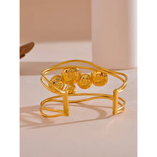 Load image into Gallery viewer, Make a bold statement with our gold-plated stainless steel colorful enamel open angle, designed for fashionable women who love eye-catching accessories. This stylish bangle features an exaggerated, large design adorned with five vibrant enamel circles in red, purple, turquoise, green, and pink, adding a playful splash of color to any outfit. Perfect for making a statement at any occasion, this chic and modern bracelet is a must-have for those who want to stand out with elegance and creativity.