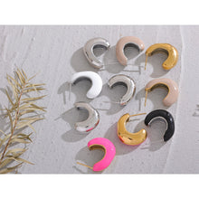 Load image into Gallery viewer, Trendy, statement earrings are made of stainless steel and come in several different colours. One side of the earrings is coloured while the other one is in steel or gold plated colour. The earrings are bug but light, which makes them very comfortable for wearing. They have stud fastening.