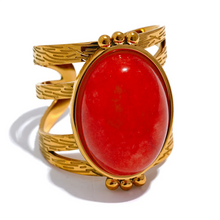 Load image into Gallery viewer, Add a bold touch of color to your ensemble with this eye-catching open adjustable ring, featuring a choice of rich red, black, or green natural stones. Crafted from high-quality stainless steel and plated in radiant gold, this ring combines elegance with everyday practicality—its waterproof finish ensures long-lasting beauty and shine. The open, adjustable design offers a comfortable and versatile fit, making it perfect for women who love versatile yet luxurious accessories.