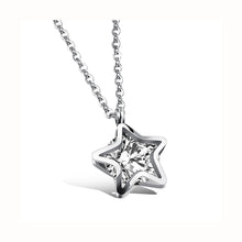 Load image into Gallery viewer, Stainless steel necklace comes in a rose gold and silver colour. It is made of fine thin chain which is adorned with a small pedant in the shape of a star. Star pedant is made of two outlines that surround cubic zirconia in the shape of a circle. The necklace is perfect for daily outfits as well as to light up your night dress. It has lobster clasp