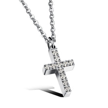 Load image into Gallery viewer, Simple and elegant necklace is made of 316L stainless steel. It comes in two colours: rose gold and silver. It has a small pedant in a shape of a cross adorned with cubic zirconia. It is perfect for everyday occasions as well as a gift for Baptism, First Holly Communion or Sacrament of Confirmation. The necklace has lobster clasp.