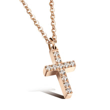 Load image into Gallery viewer, Simple and elegant necklace is made of 316L stainless steel. It comes in two colours: rose gold and silver. It has a small pedant in a shape of a cross adorned with cubic zirconia. It is perfect for everyday occasions as well as a gift for Baptism, First Holly Communion or Sacrament of Confirmation. The necklace has lobster clasp.