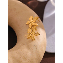 Load image into Gallery viewer, Elegant stainless steel earrings are made in a gold colour. Earrings are made in a shape of a small flower. The surface of the petals is carved which makes them more interesting end effective. Earrings have real gold plating and represent great accessory to your everyday outfit. They have stud fastening.