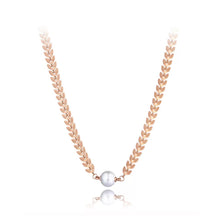 Load image into Gallery viewer, Bohemian stainless steel necklace is coming in rose gold colour and is three times gold plated. It is made of delicate and beautiful chain with links in a shape of leaves. In the bottom it is adorned with white artificial pearl. It makes great accessory for your daily and evening outfits.