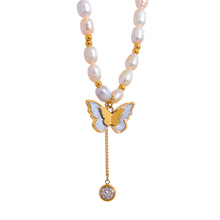 Load image into Gallery viewer, This luxurious necklace is made as a combination of natural freshwater pearls and stainless steel beads. It is additionally adorned with a pendant in the shape of a butterfly, which is also made of stainless steel and natural pearls. There is a short chain under the butterfly with little cubic zirconia. The necklace is very glamorous and it will give a perfect touch to your evening combination. The necklace has lobster clap and adjustable length.