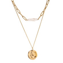 Load image into Gallery viewer, Necklace is made of stainless steel and comes in a gold colour with real gold plating. It is made of two layers. Shorter link chain is adorned with longer irregular pearl, while the thinner, longer and delicate chain is adorned with a medallion. Medallion has a portrait engraved. Necklace has adjustable length and lobster clasp. It is a real nice accessory for any kind of elegant outfit.