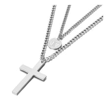 Load image into Gallery viewer, Stainless steel neo-gothic necklace comes in a rose gold and silver colour. It is made of double layered chain. Shorter and thinner chain has a circle pedant with St. Benedict and longer and thicker chain is adorned with a big cross pedant. This statement necklace is perfect to glam up your outfit. It has lobster clasp.