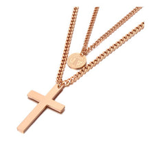 Load image into Gallery viewer, Stainless steel neo-gothic necklace comes in a rose gold and silver colour. It is made of double layered chain. Shorter and thinner chain has a circle pedant with St. Benedict and longer and thicker chain is adorned with a big cross pedant. This statement necklace is perfect to glam up your outfit. It has lobster clasp.