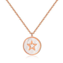 Load image into Gallery viewer, This beautiful necklace is made of stainless steel that is rose gold plated. It has link chain and pedant in a shape of a circle. Pedant is made of a shell and comes in two colours: white and black. The pedant is adorned with little star in rose gold colour. The necklace has adjustable length and lobster clasp.