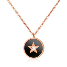Load image into Gallery viewer, This beautiful necklace is made of stainless steel that is rose gold plated. It has link chain and pedant in a shape of a circle. Pedant is made of a shell and comes in two colours: white and black. The pedant is adorned with little star in rose gold colour. The necklace has adjustable length and lobster clasp.