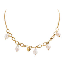 Load image into Gallery viewer, Necklace is made of stainless steel and comes in a gold colour with real gold plating. It is made of a thin and elegant chain that transfers into a link chain at its bottom. The link part is adorned with natural pearls and little heart in gold colour. This elegant necklace is perfect for your evening outfit. it has adjustable length and lobster clasp.