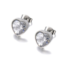 Load image into Gallery viewer, Classy and elegant stainless steel earrings are made in a rose gold and silver colour. The earrings are made in a shape of a heart which is adorned with big cubic zirconia. Earrings are rose gold plated and represent perfect and elegant touch to your classy and smart outfit. They have stud fastening.