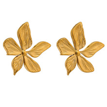 Load image into Gallery viewer, Elegant stainless steel earrings are made in a gold colour. Earrings are made in a shape of a small flower. The surface of the petals is carved which makes them more interesting end effective. Earrings have real gold plating and represent great accessory to your everyday outfit. They have stud fastening.
