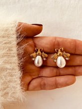 Load image into Gallery viewer, Golden Stainless Steel Bee Stud Earrings with Simulated Pearls &amp; Zircon – Chic Fashion Jewelry for Women
