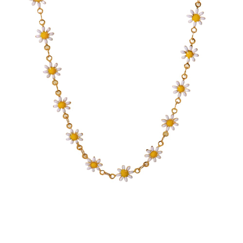 Add a pop of color and charm to your look with this stunning 18k gold plated stainless steel daisy chain choker necklace. Featuring vibrant, colorful enamel daisies, this playful yet elegant piece is perfect for adding a cheerful touch to any outfit. Crafted from durable stainless steel with a radiant gold finish, it offers long-lasting beauty and tarnish resistance. Lightweight and versatile, this necklace is an ideal accessory for both casual and special occasions, making it a delightful addition to your 