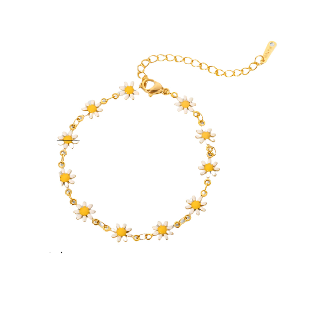 Add a pop of color and charm to your look with this stunning 18k gold plated stainless steel daisy chain bracelet. Featuring vibrant, colorful enamel daisies, this playful yet elegant piece brings a cheerful touch to any outfit. Crafted from durable stainless steel with a radiant gold finish, it offers long-lasting beauty and tarnish resistance. Lightweight and versatile, this bracelet is perfect for both casual wear and special occasions, making it a delightful addition to your jewelry collection.