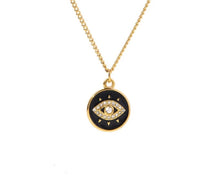 Load image into Gallery viewer, Stainless steel necklace comes in three variants: white, blue and black. Its interesting and elegant chain is adorned with a circle pendant. There is an evil eye on the pendant shaped with cubic zirconia. This necklace is a nice piece for a daily outfit and can be a perfect gift for your loved ones. The necklace has a lobster clasp and adjustable length.
