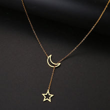 Load image into Gallery viewer, Stainless steel necklace comes in a gold, silver and rose gold colour. It is made of a nice thin chain which is adorned on each end with one silhouette charm: moon and a star. This chain necklace is pretty long and it is worn in a way that star pendant should be pulled through the moon pendant. It is a great accessory to any evening outfit but it can easily be combined with daily outfits as well.
