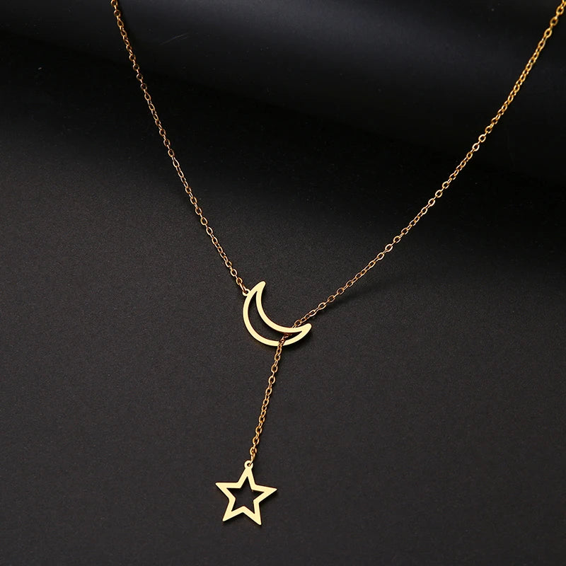 Stainless steel necklace comes in a gold, silver and rose gold colour. It is made of a nice thin chain which is adorned on each end with one silhouette charm: moon and a star. This chain necklace is pretty long and it is worn in a way that star pendant should be pulled through the moon pendant. It is a great accessory to any evening outfit but it can easily be combined with daily outfits as well.