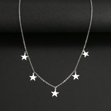 Load image into Gallery viewer, Stainless steel necklace comes in a gold and silver colour. It is made of a nice thin chain which is adorned with 5 charms in a shape of a star. This chain necklace is very nice accessory for a daily outfit. It has lobster clasp and adjustable length.
