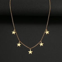 Load image into Gallery viewer, Stainless steel necklace comes in a gold and silver colour. It is made of a nice thin chain which is adorned with 5 charms in a shape of a star. This chain necklace is very nice accessory for a daily outfit. It has lobster clasp and adjustable length.
