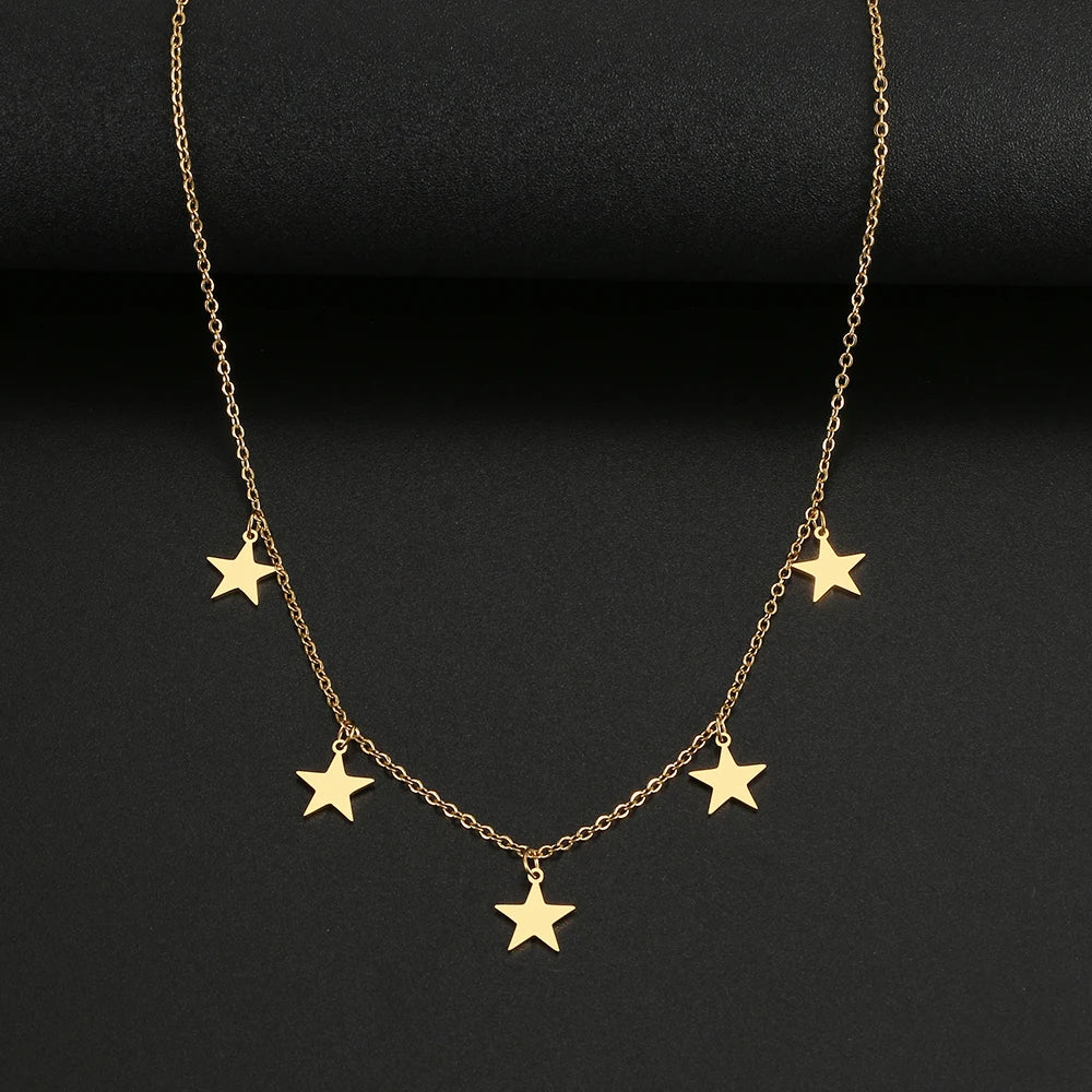 Stainless steel necklace comes in a gold and silver colour. It is made of a nice thin chain which is adorned with 5 charms in a shape of a star. This chain necklace is very nice accessory for a daily outfit. It has lobster clasp and adjustable length.