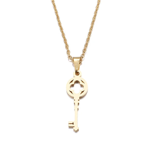 This simple and elegant necklace is made of stainless steel and real gold plating. It is adorned with a nice pendant in a shape of a key and comes in two colours: silver and gold. It can be perfect spice to an everyday outfit. It has lobster clasp. 